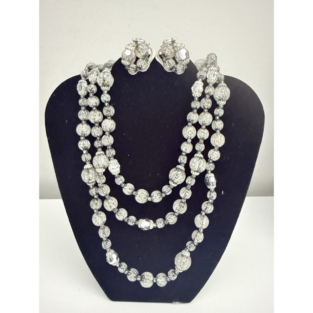 Vintage Judy-Lee 3 Strand Silver Art Glass Bead Necklace Earrings Set